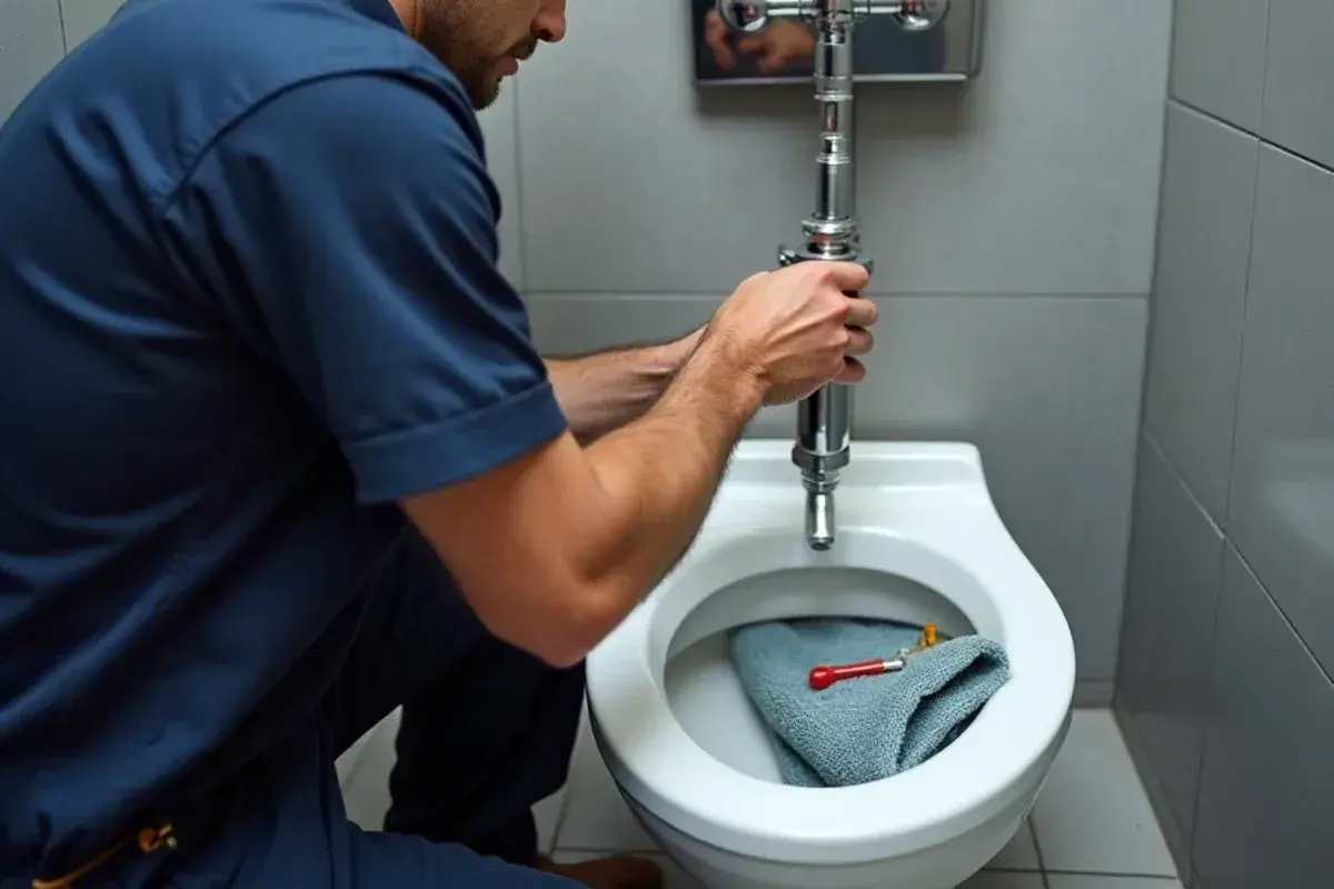Plumber rebuilding a chrome commercial toilet flush valve in a public restroom