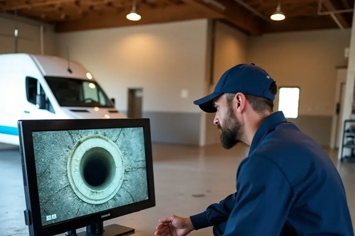 Sewer camera monitor showing a cracked cast iron drain under a commercial slab
