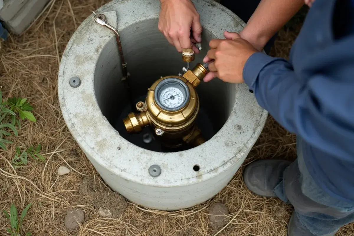 Open residential water meter box showing the meter and curb stop valve