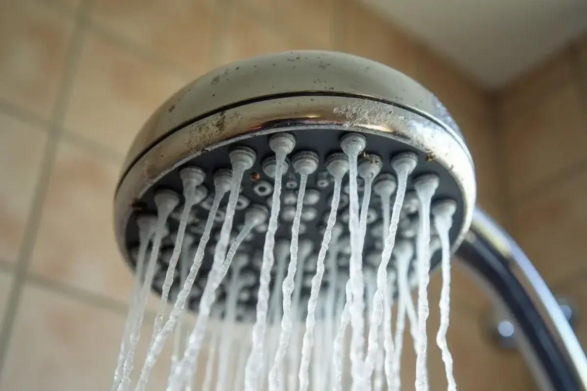 Showerhead nozzles partly blocked by white hard-water scale