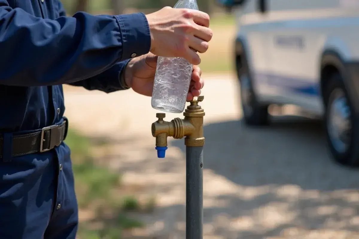 Well water sample bottle being filled at an outdoor spigot on a rural lot