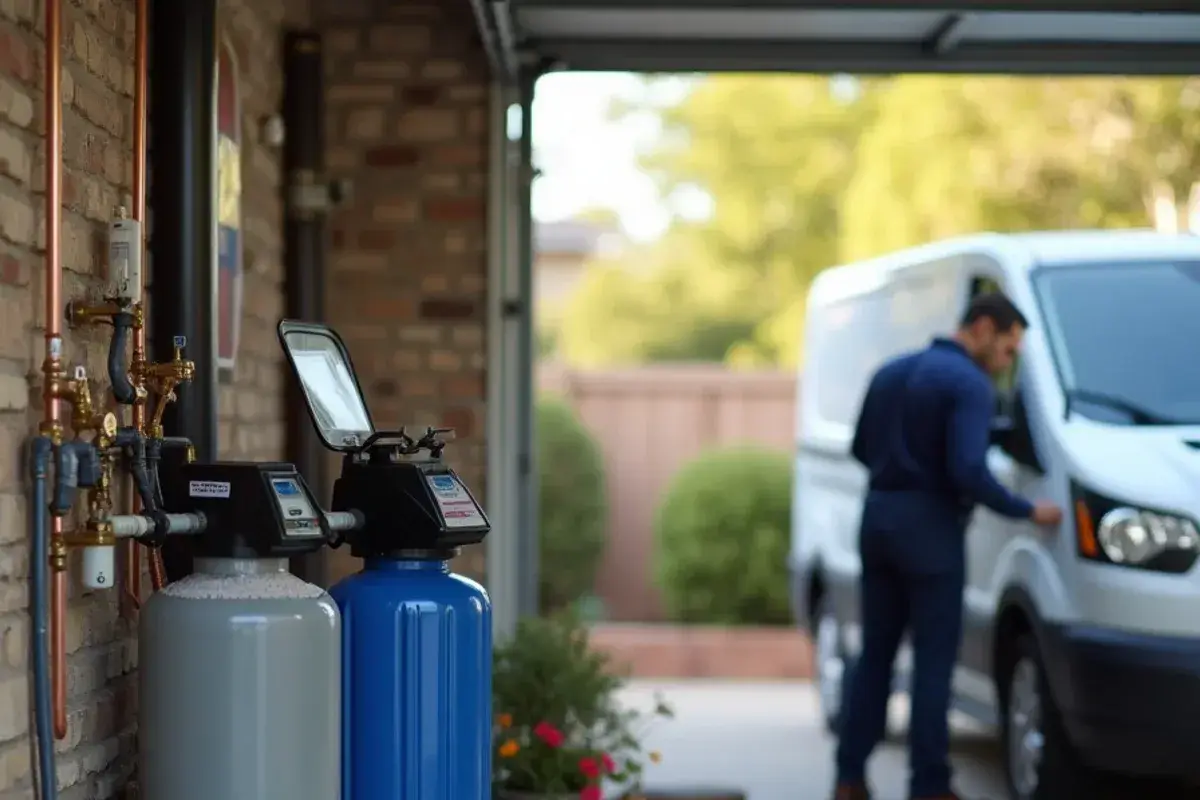 Two-tank water softener and brine tank installed on a garage loop