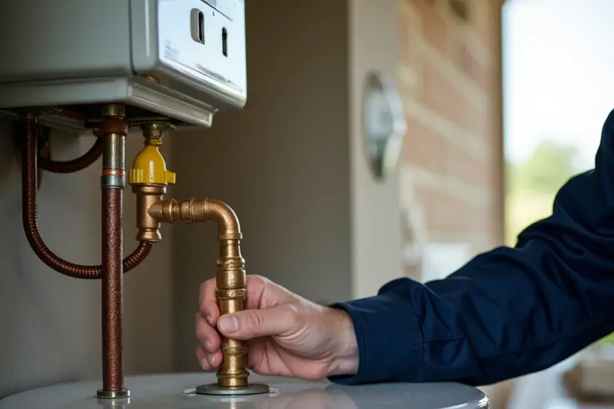 Hand closing the cold-water inlet ball valve above a leaking water heater