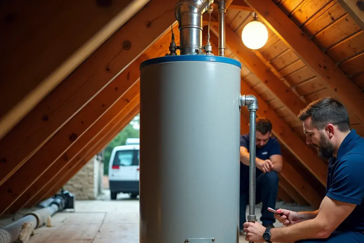Attic water heater sitting in a metal drain pan with a drain line