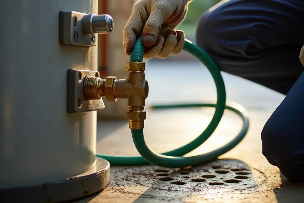 Hand threading a garden hose onto a water heater drain valve