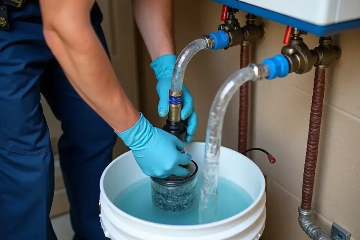 Submersible pump and hoses descaling a tankless heater through its service ports
