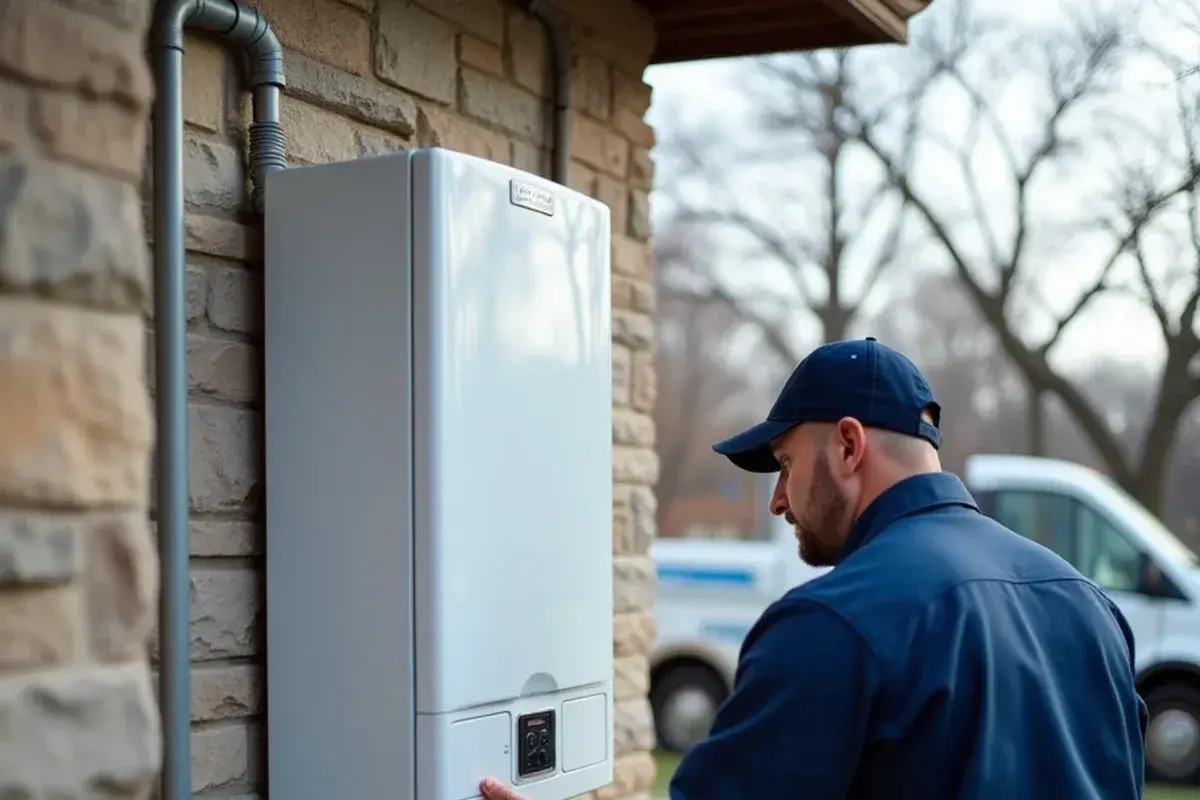 Exterior-mounted tankless water heater with insulated piping on a winter morning