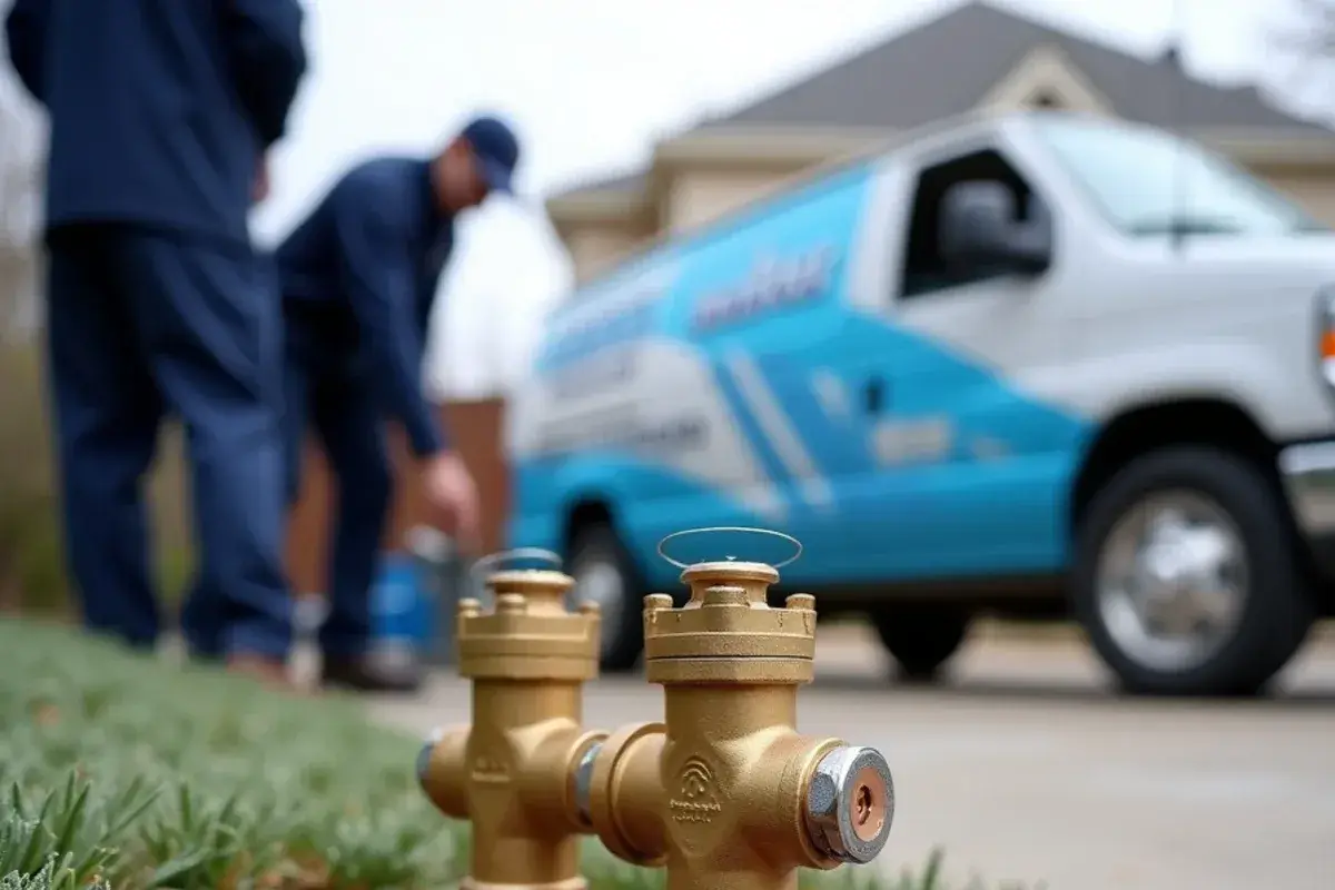 Sprinkler pressure vacuum breaker wrapped in insulation beside a house foundation