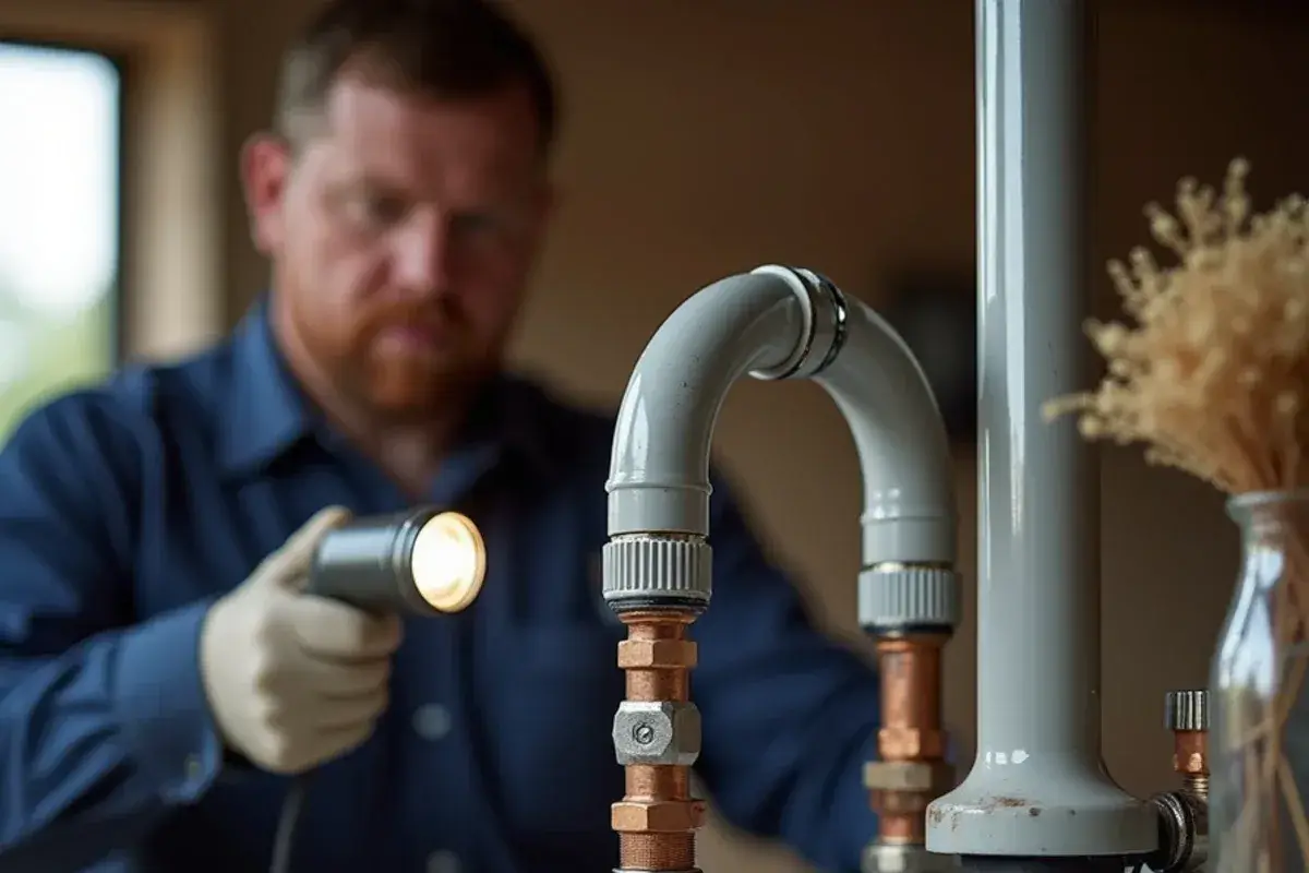 Grey plastic supply pipe with metal crimp rings at a garage water heater