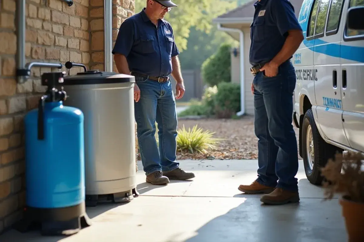 Water softener and brine tank with its discharge hose routed to a drain in a garage