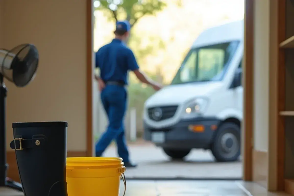 Rubber gloves, boots and a disinfectant bucket on a bathroom tile floor after a sewer backup