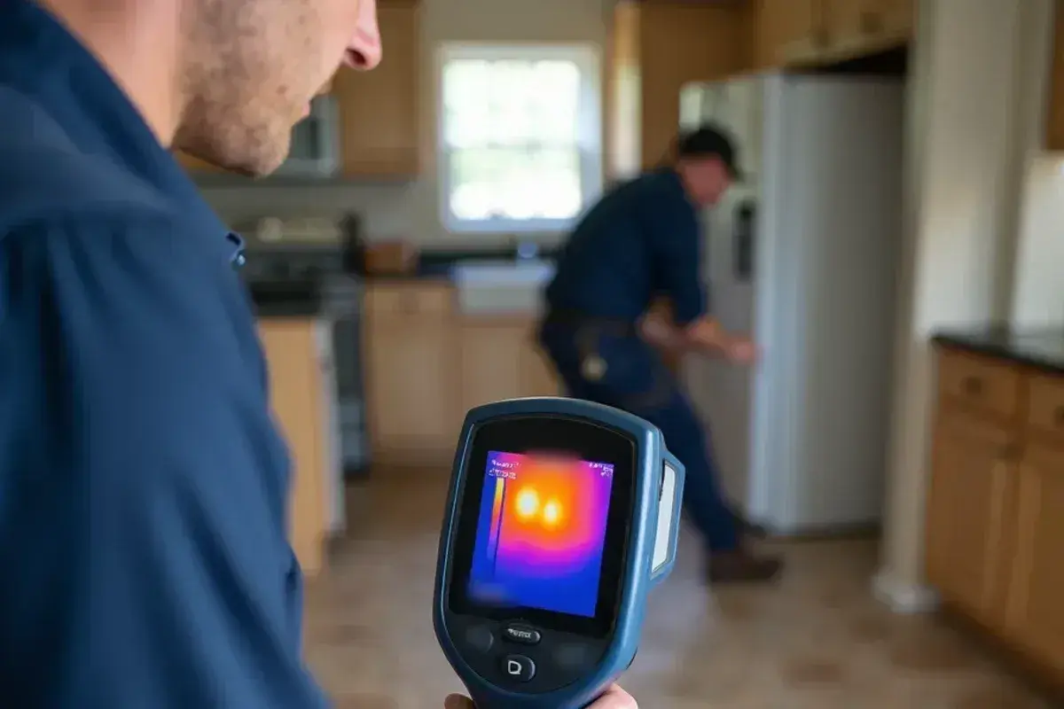 Thermal camera screen showing a warm patch on a tile floor over a hot-water slab leak