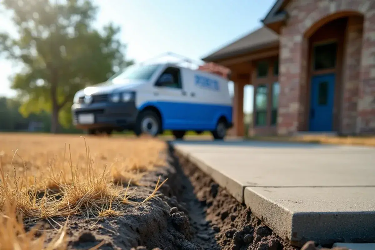Deep shrinkage cracks in dark clay soil beside a house foundation in late summer