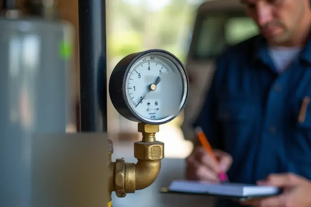Pressure test gauge attached to household gas piping during a leak repair
