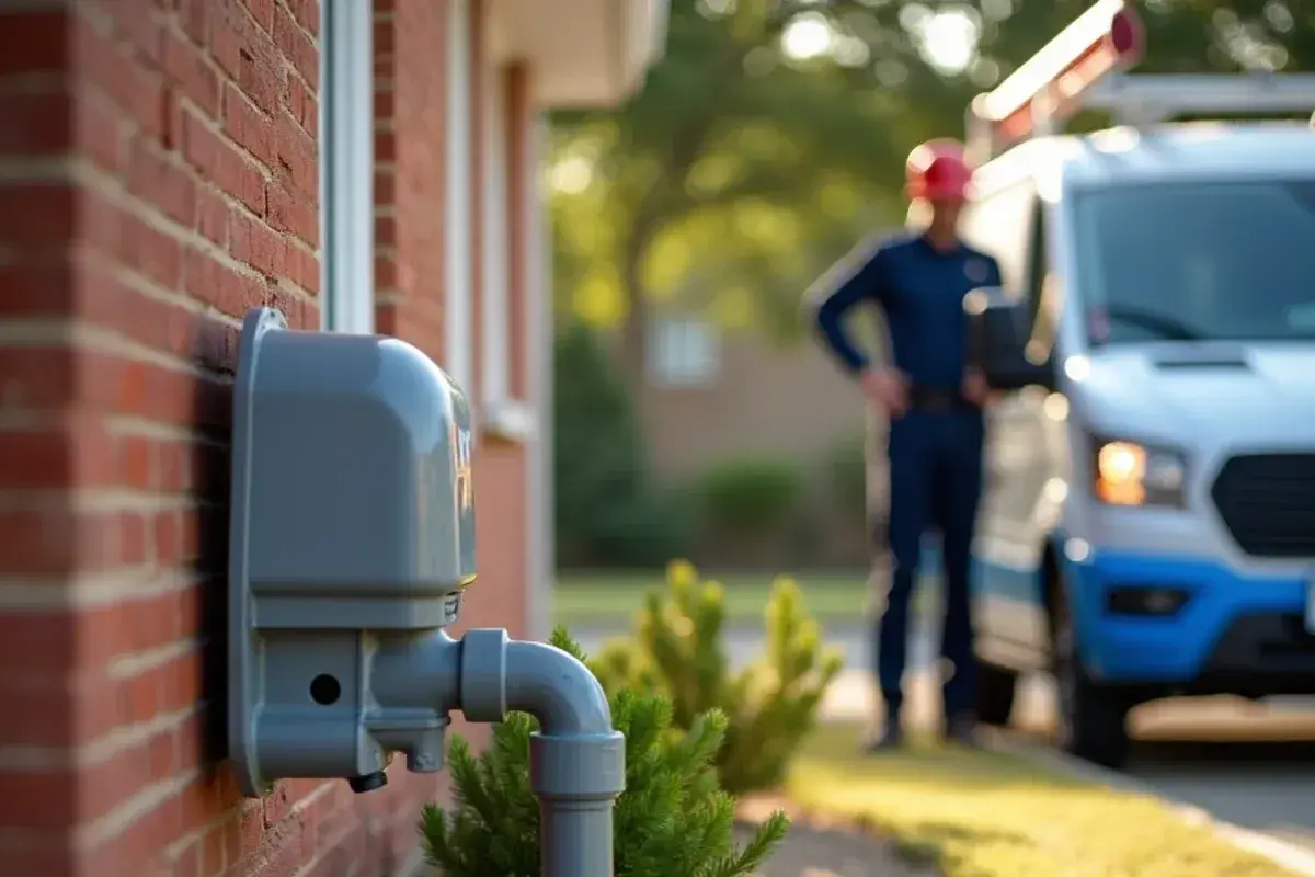 Residential natural gas meter and riser on the side wall of a brick house