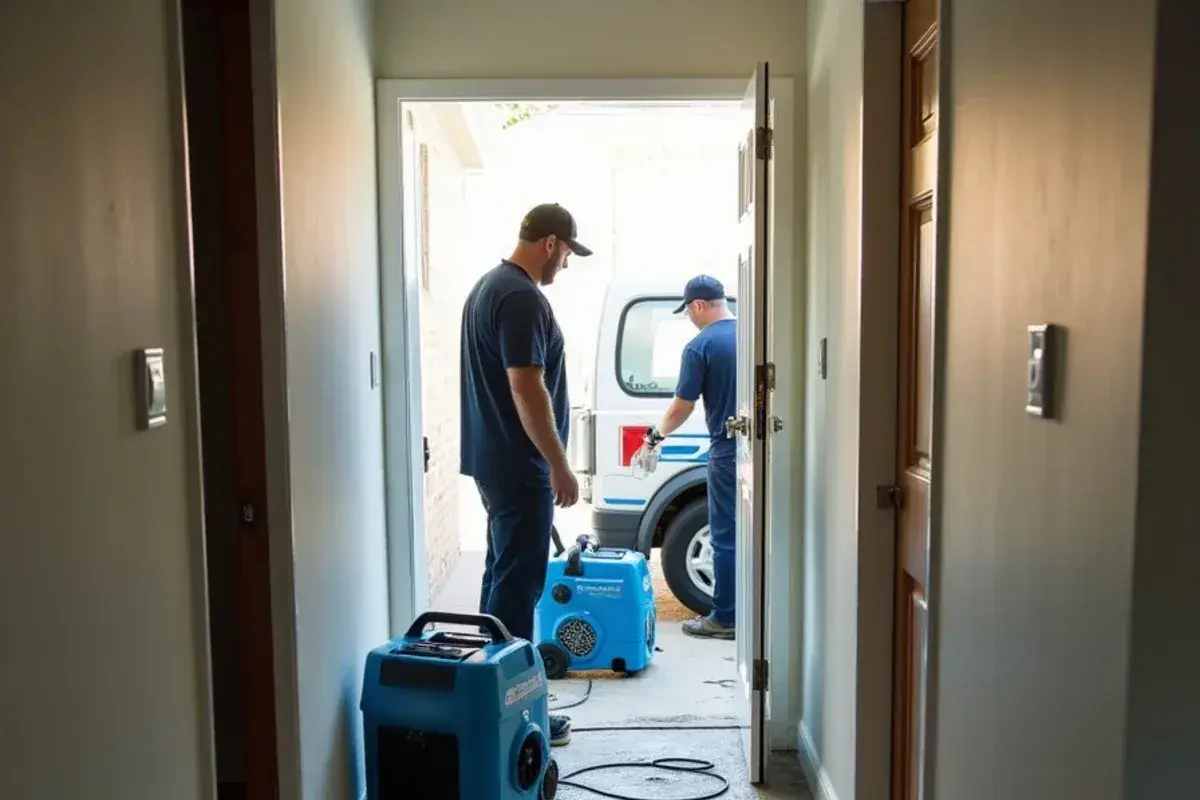 Air movers drying a wet hallway after a sudden burst supply line
