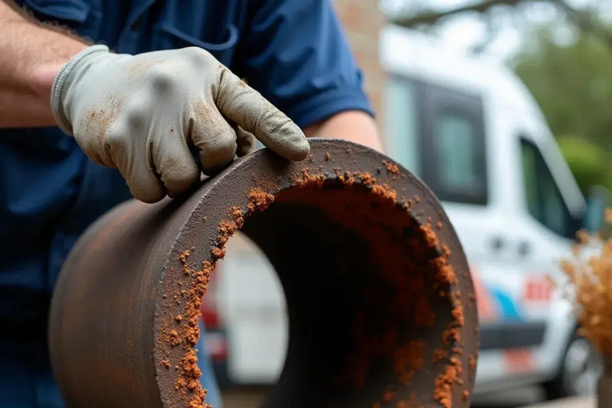 Cut section of old cast iron drain pipe showing rust tuberculation inside