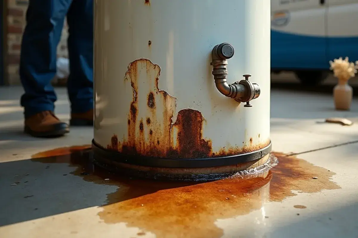 Rust streaks and standing water at the base of a failing storage water heater