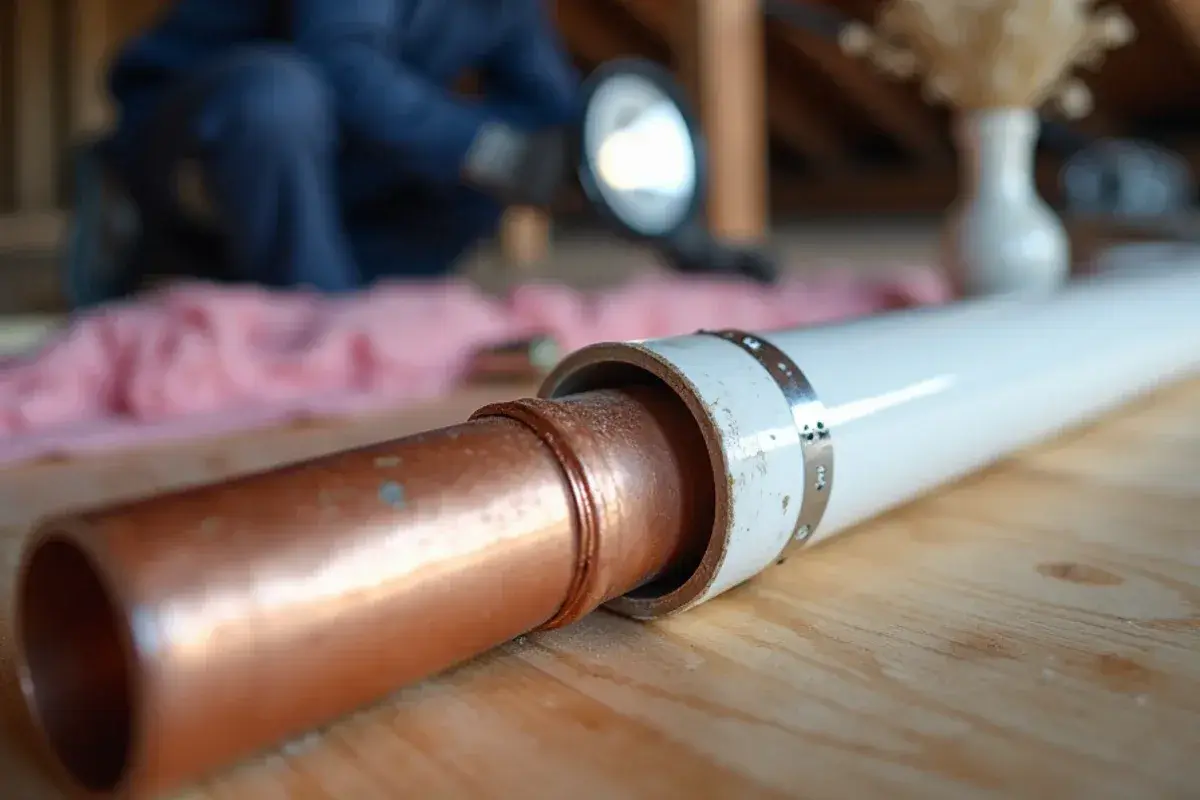 Section of freeze-split copper pipe beside a new PEX splice in an attic