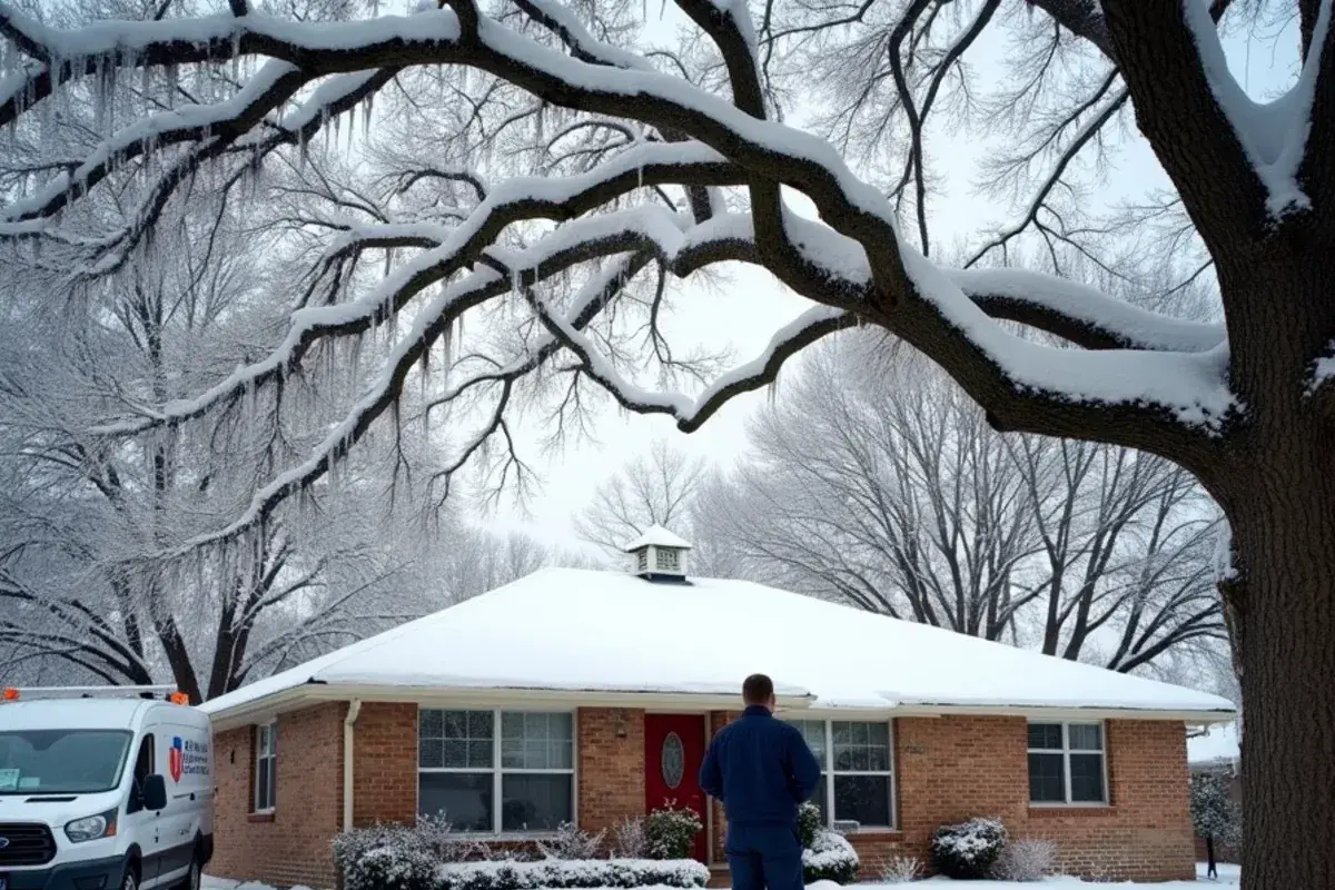Snow-covered ranch house and live oak during a rare February hard freeze