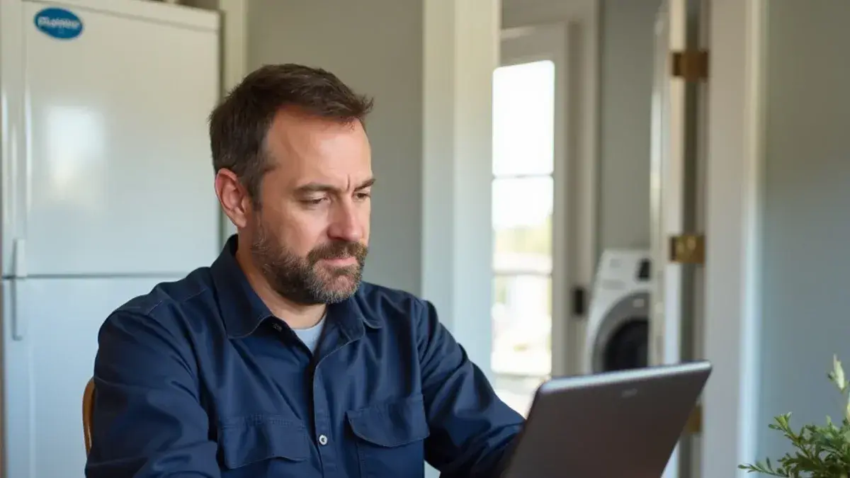 Homeowner reading a plumbing guide at a kitchen table in Georgetown TX