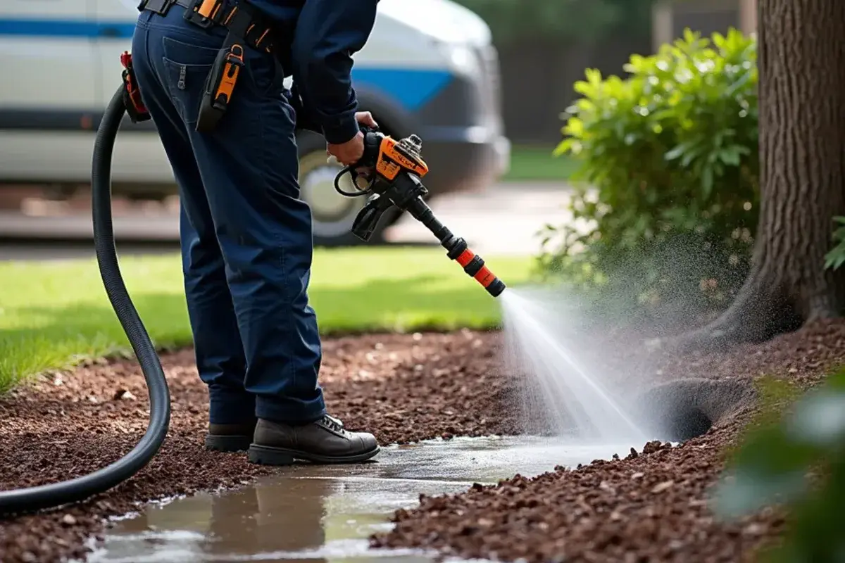 Hydro-jetting nozzle entering a sewer cleanout at a Georgetown TX house