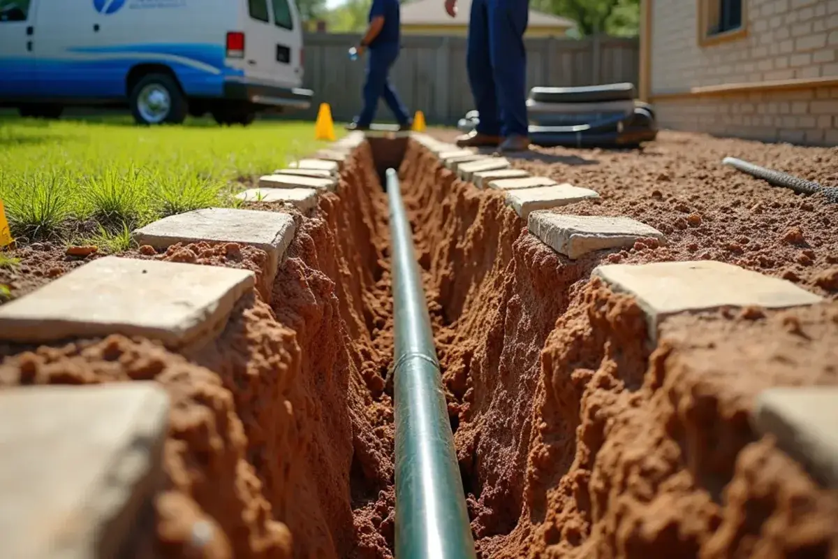 Narrow trench cut through limestone for a yard gas line near Georgetown TX