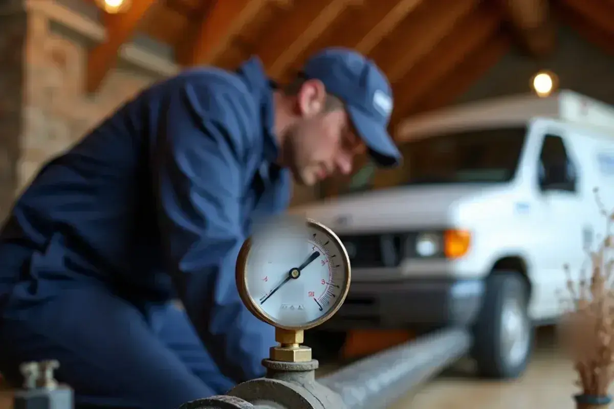 Pressure test gauge on new black iron gas pipe in a Georgetown TX attic