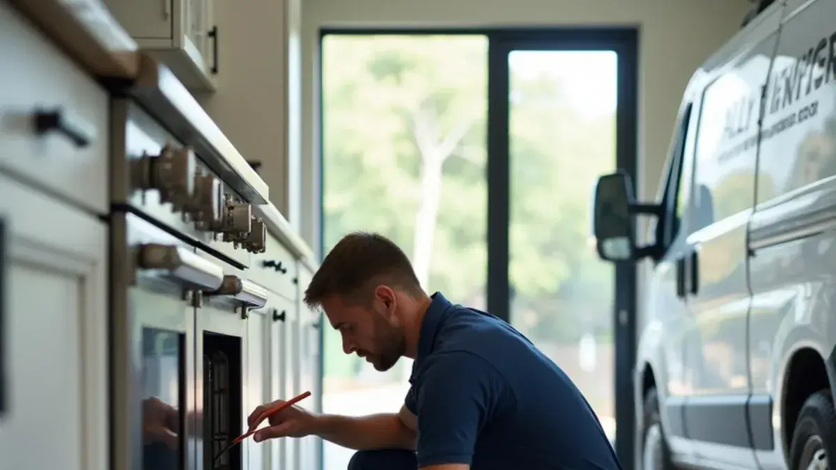 Plumber brushing leak-detection solution on a range gas valve in a Georgetown TX kitchen