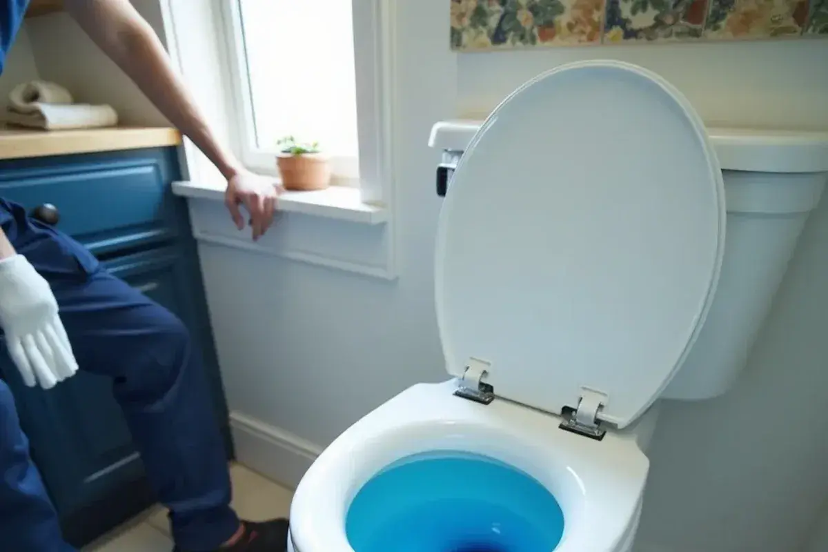 Blue dye in a toilet tank testing for a silent flapper leak in a Georgetown TX bathroom