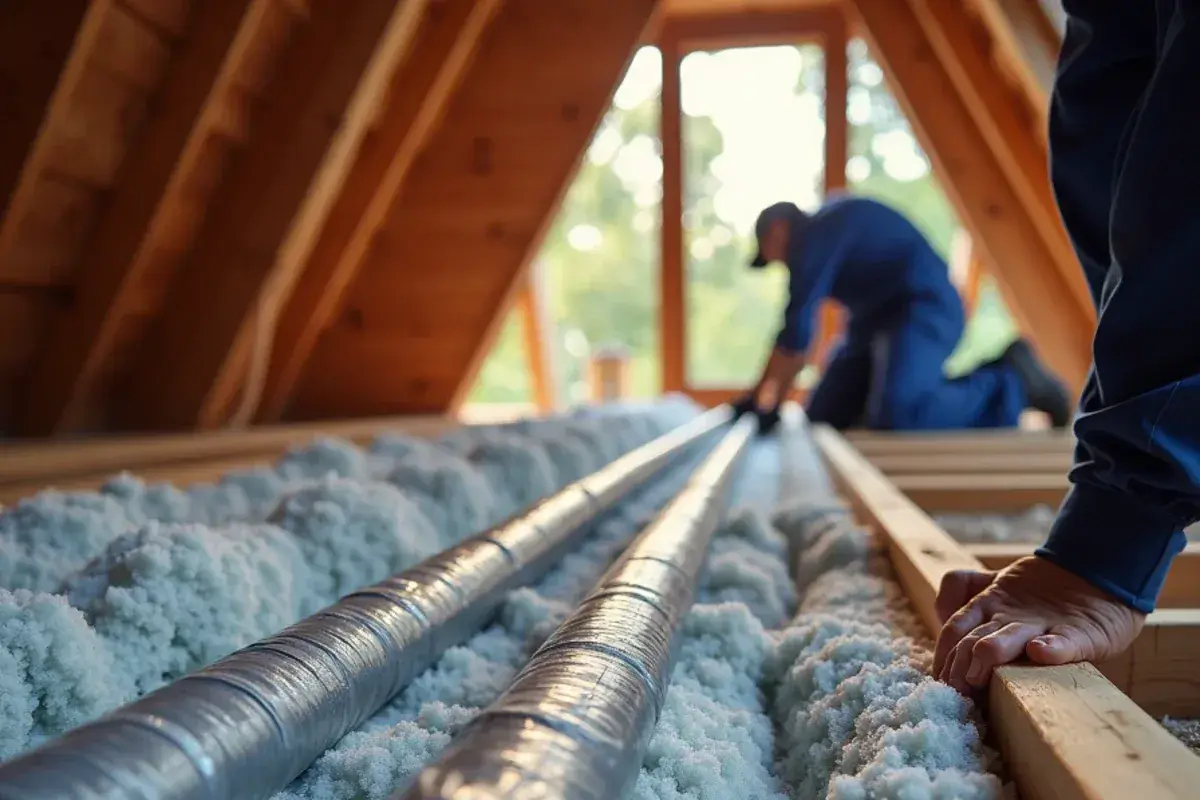 Foam insulation sleeves fitted over repaired attic pipes in a Georgetown TX home