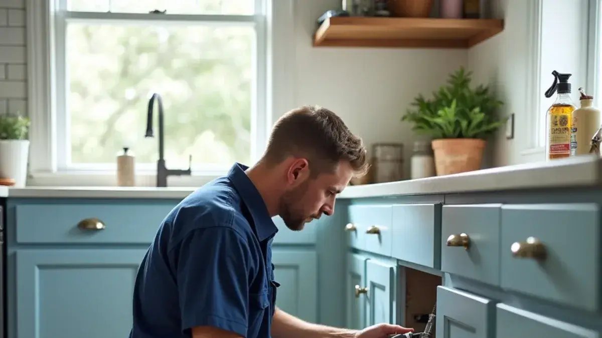 Plumber checking a kitchen sink supply valve in a Georgetown TX home