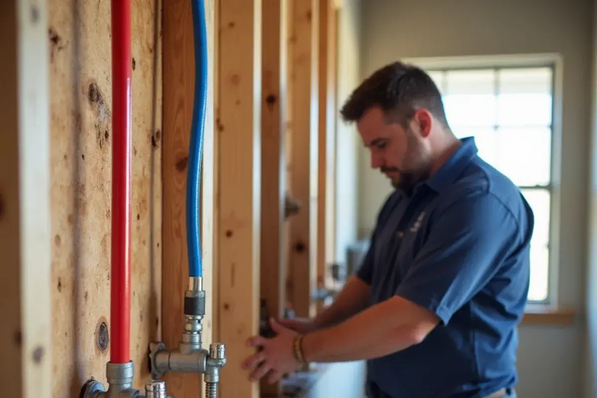 New PEX stub-outs with quarter-turn stops inside an open bathroom wall in Georgetown TX