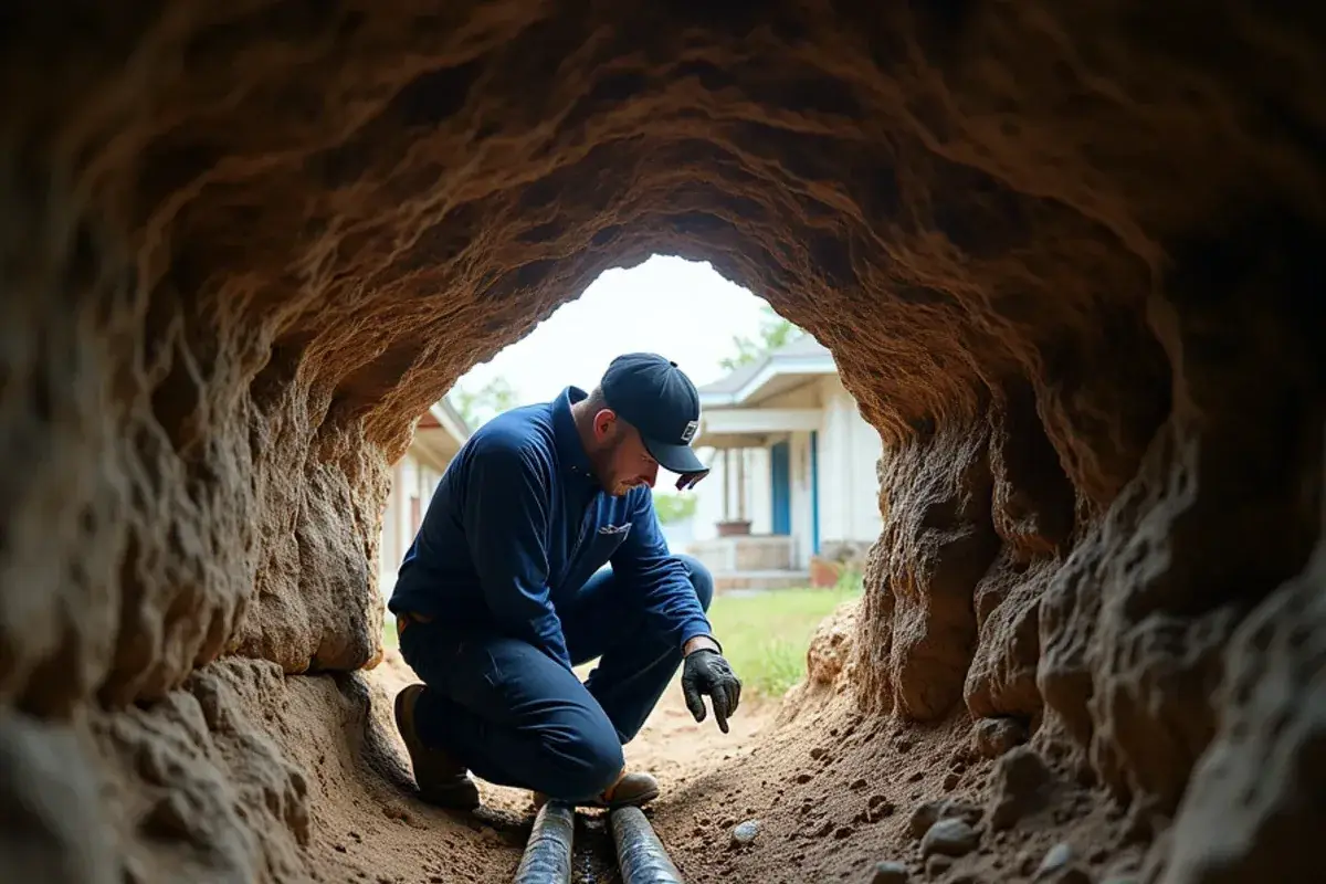Cast-iron drain under a 1920s bungalow in the Hyde Park area of Austin TX