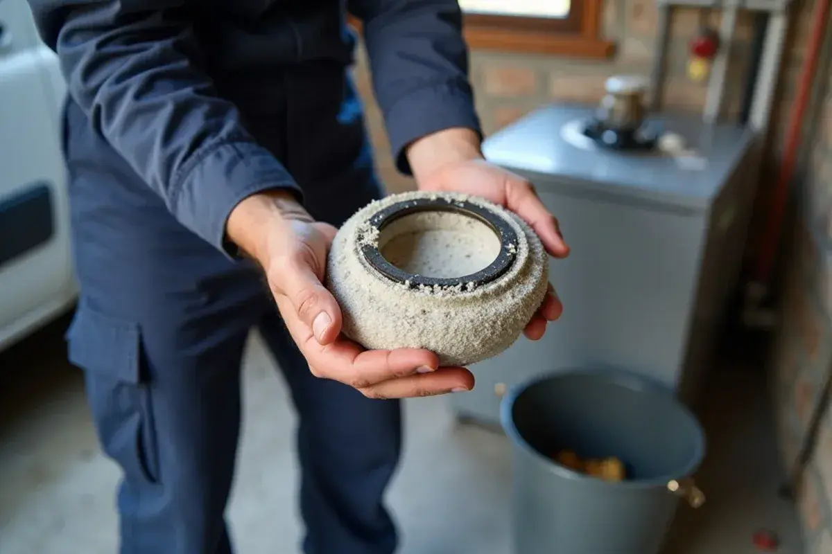 Electric water heater element crusted with hard-water scale from a well near Bertram TX