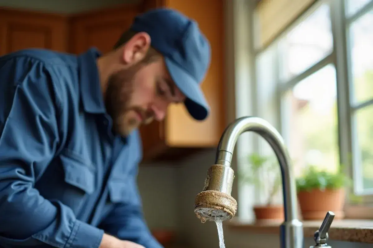 Mineral scale crusted on a kitchen faucet in an older home in Burnet TX