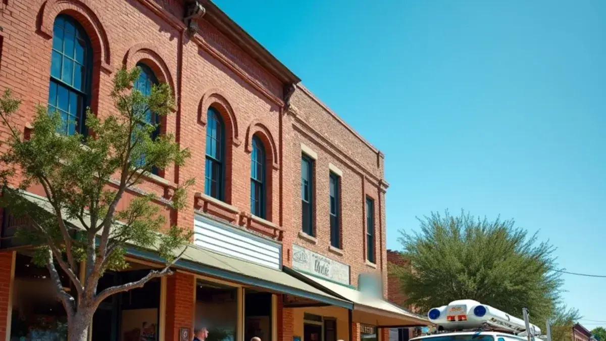 Brick-paved main street lined with early-1900s storefronts in Granger TX
