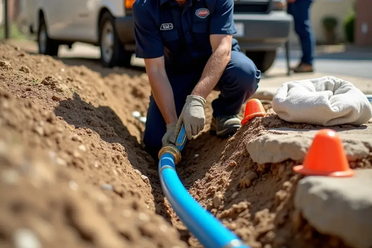 Plumber repairing a leaking yard water line in rocky limestone soil in Harker Heights TX
