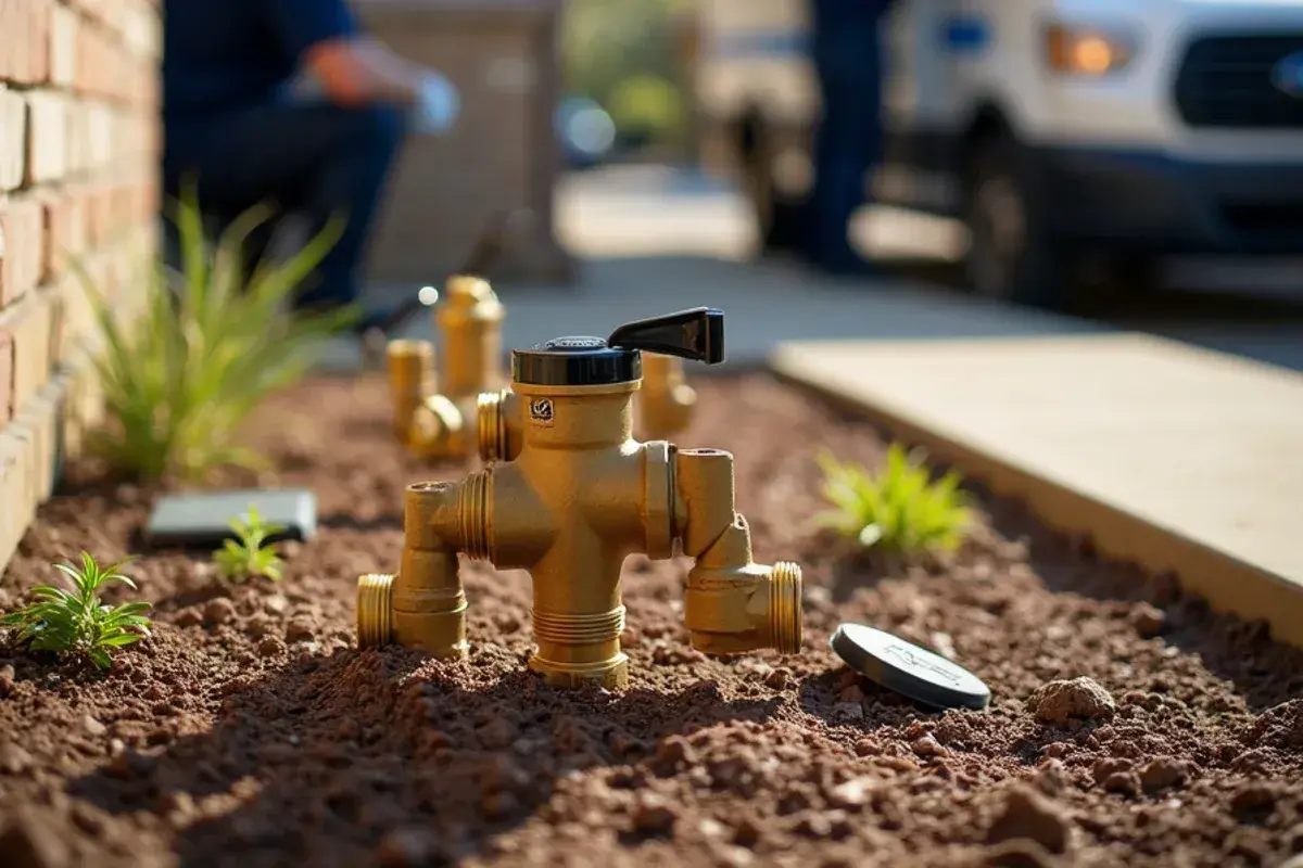 Residential irrigation backflow assembly beside a home in Harker Heights TX