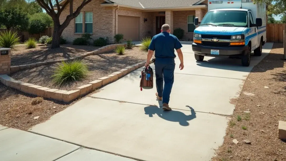 Plumber arriving at a brick ranch home on a sloped limestone lot in Harker Heights TX