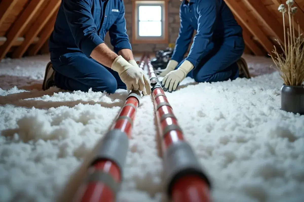 Foam insulation fitted over PEX lines in an attic after a freeze in Jarrell TX