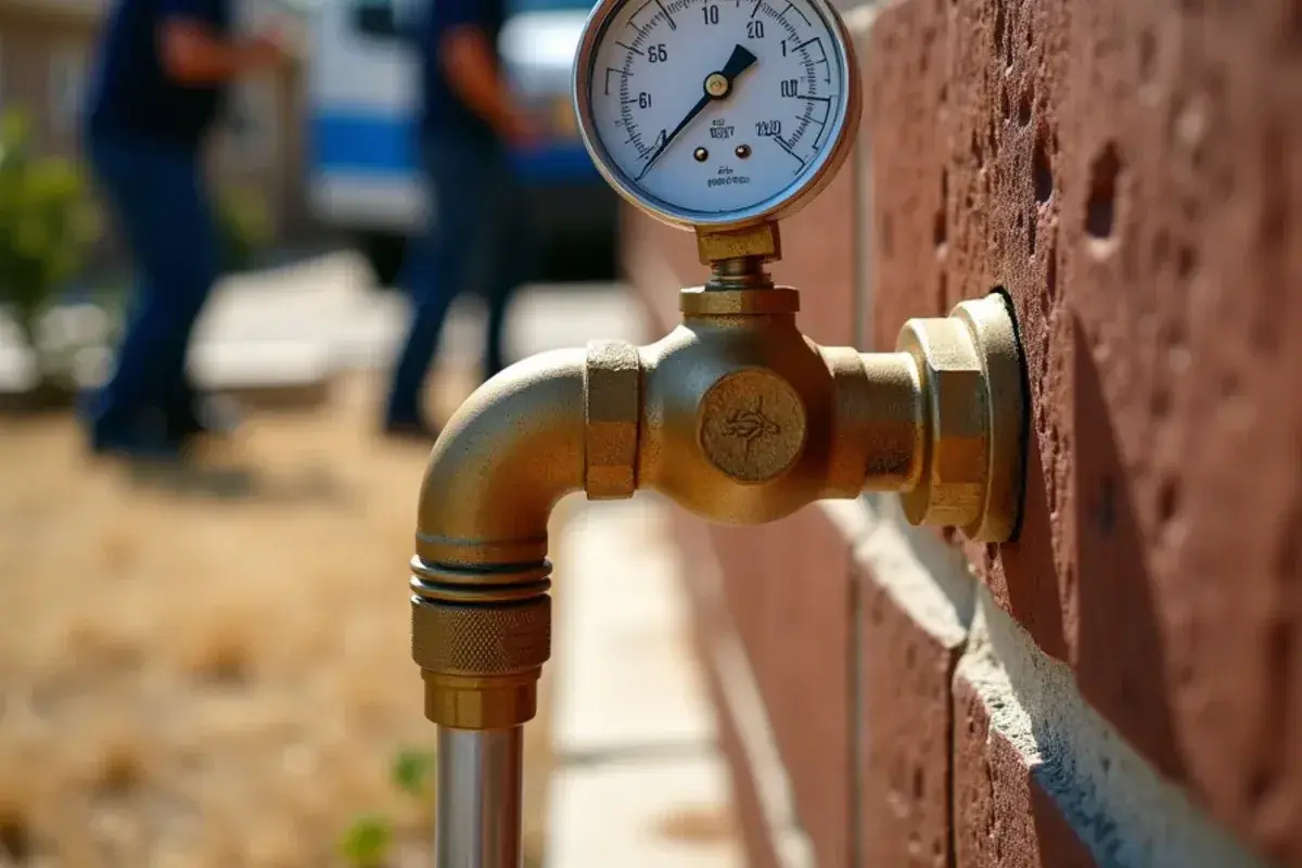 Water pressure gauge threaded onto an outdoor hose bib at a home in Jarrell TX