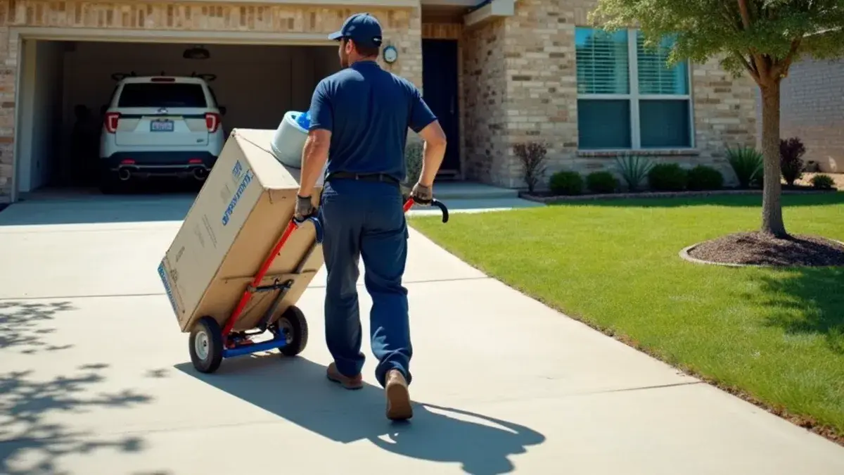 Plumber wheeling a new water heater up the driveway of a newer brick home in Jarrell TX