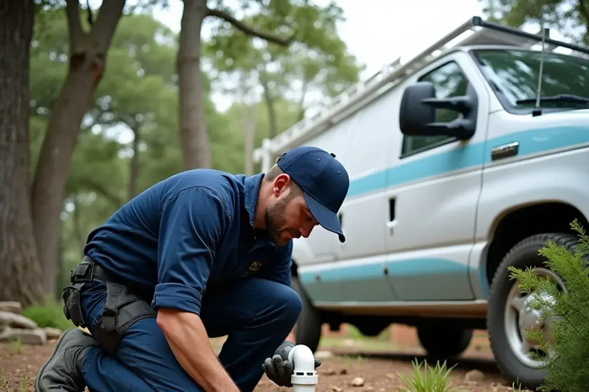 Plumber opening a septic line cleanout on a sloped limestone lot in Jonestown TX