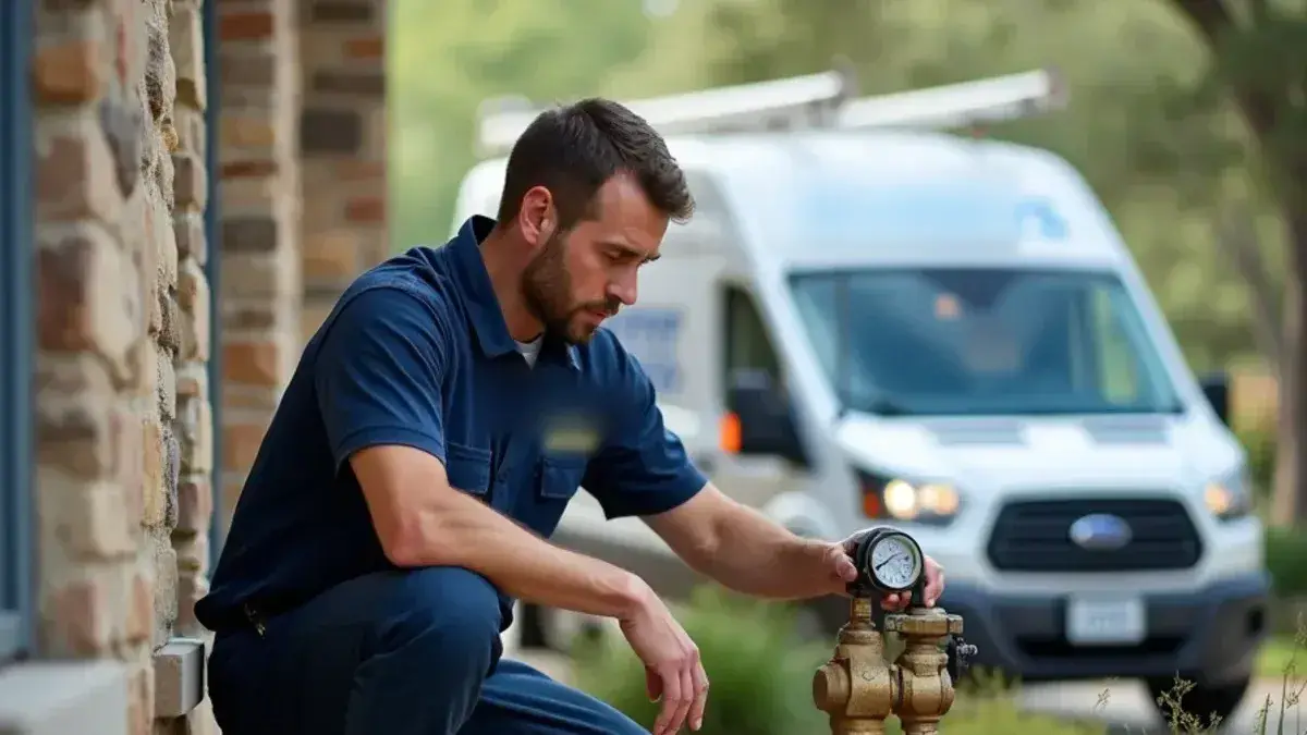 Plumber checking the pressure-reducing valve at a hillside lake home in Lago Vista TX