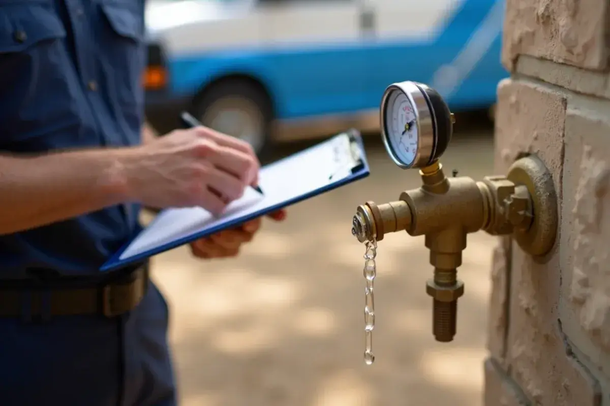 Dial gauge showing high static water pressure at a hose bib in Lakeway TX