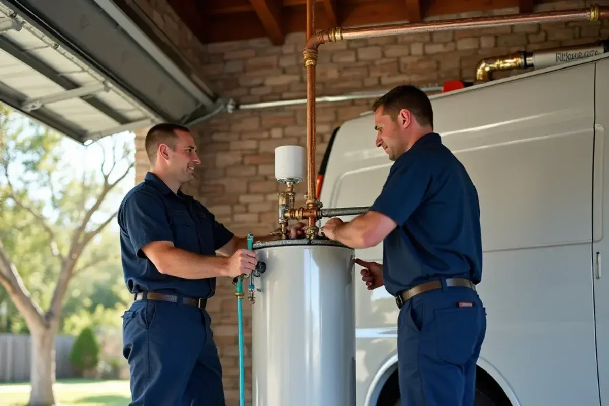 Gas water heater with a thermal expansion tank and drain pan in a Leander TX garage