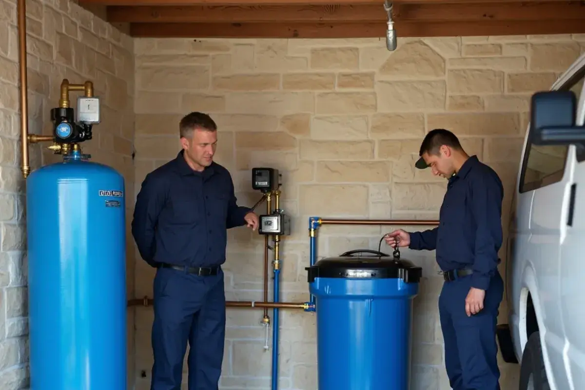 Well pressure tank and softener side by side in a garage near Liberty Hill TX