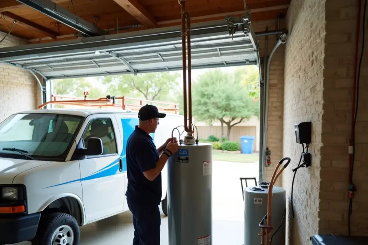 Original builder-grade water heater being replaced in a garage in Manor TX