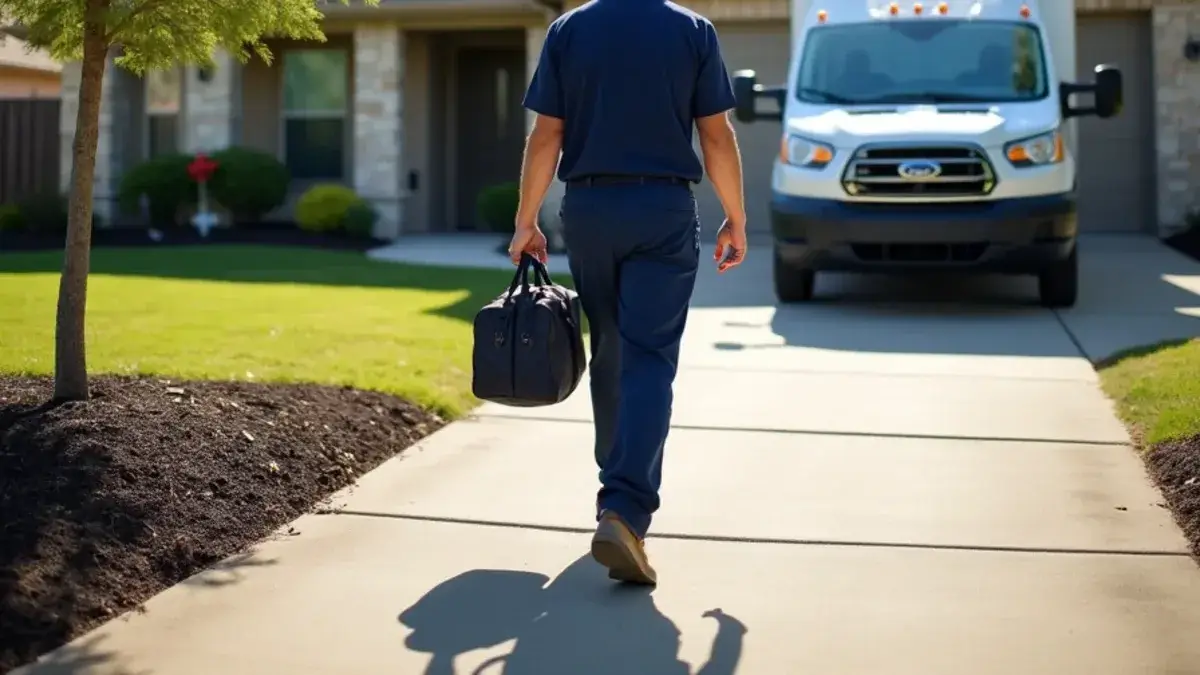 Plumber walking up the driveway of a newer two-story slab home in Manor TX